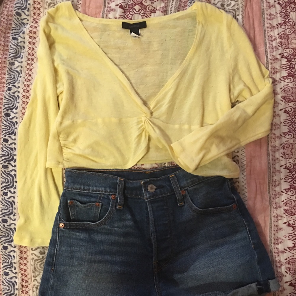 Cute yellow three-quarter sleeve eyelet crop top